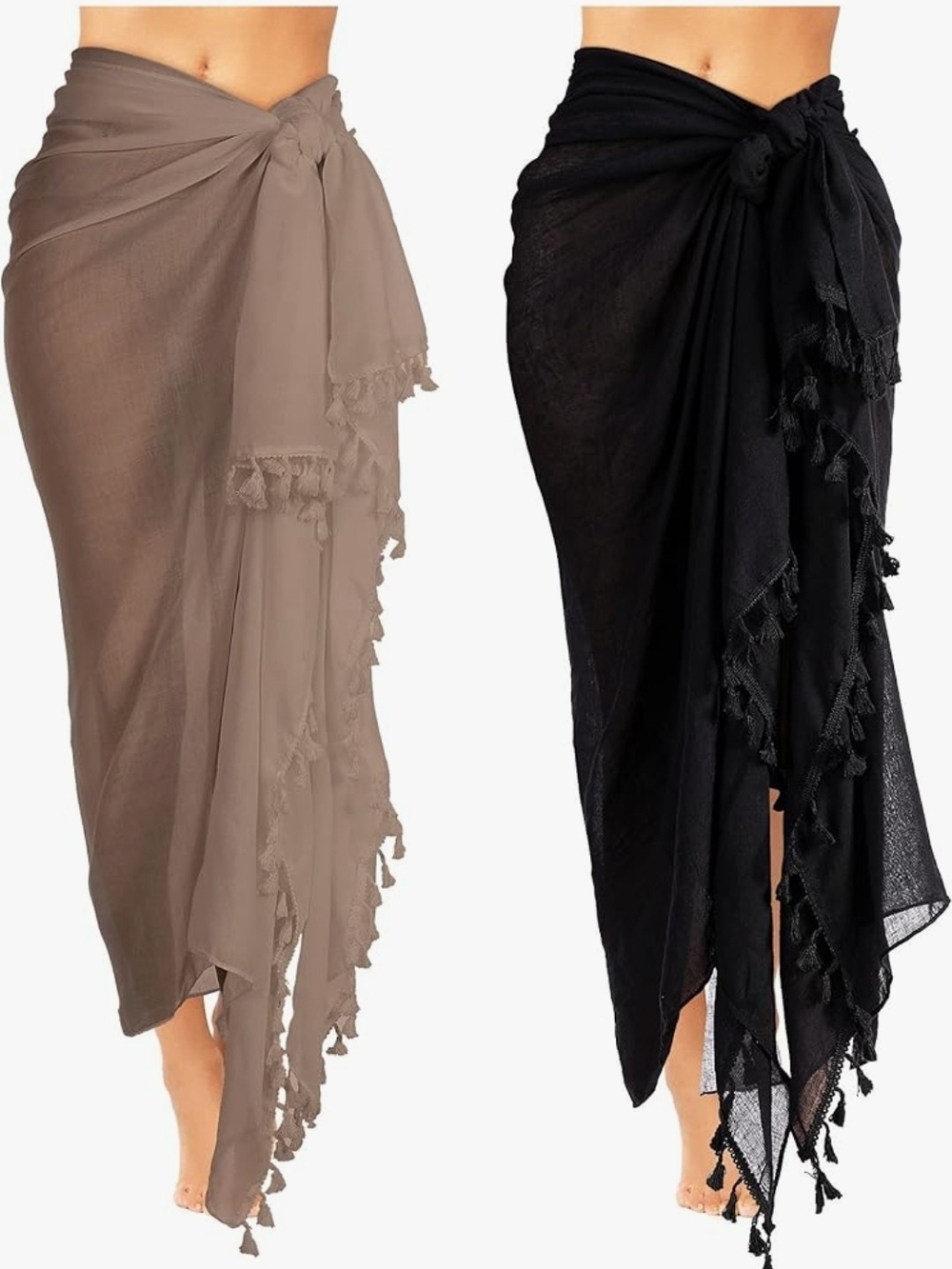 Fringed Wrap Sarong Cover-Up in Black and Taupe